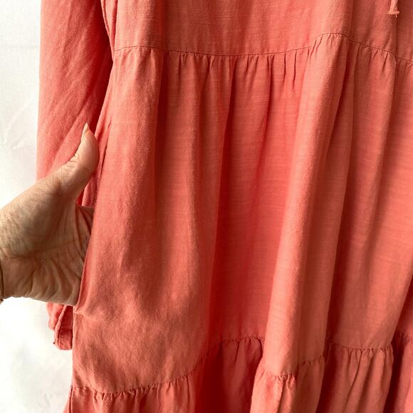 2/$30 OLD NAVY Boho Embroidered Tiered Peasant Dress M Coral Eyelet Long Sleeve - Picture 3 of 10